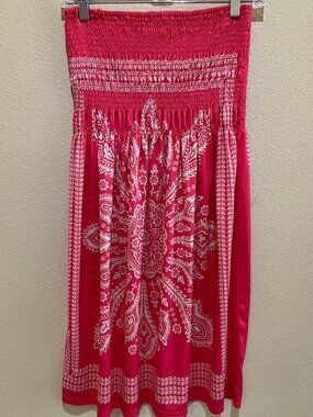 Venus Strapless Midi Dress Pink White Boho Smocked Tube Flowy Resort Size L